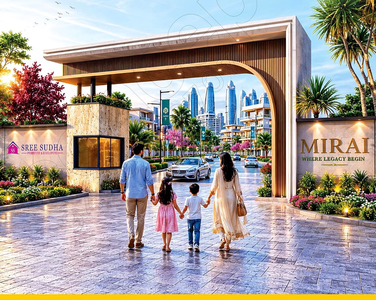 Family walking through the MIRAI entrance gate